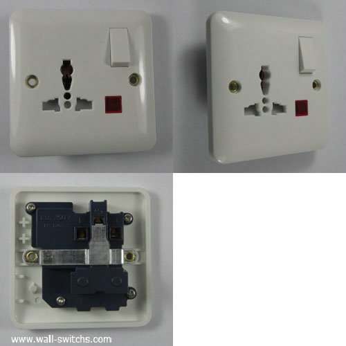 one gang 3pin multifunction switched shuttered  socket with neon